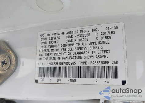 2009 Honda Accord 2.4 Lx z USA, uszkodzony, nr VIN 1HGCP26359A095265